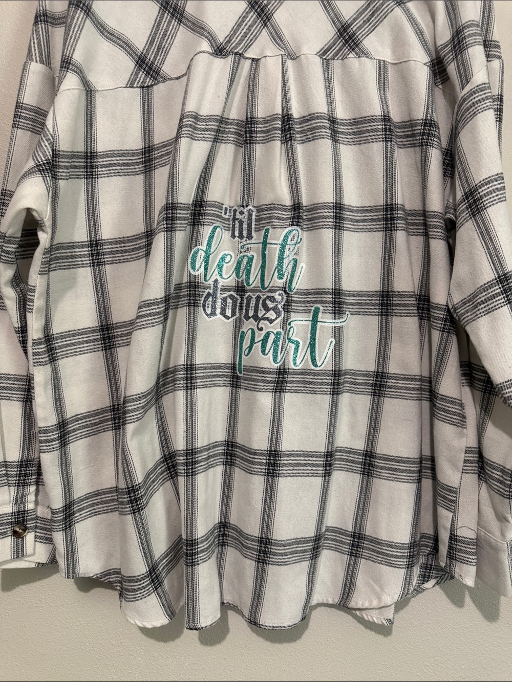 Women's White & Black Plaid Button-Up Bride Shirt with “Till death do us part” - Picture 5 of 6